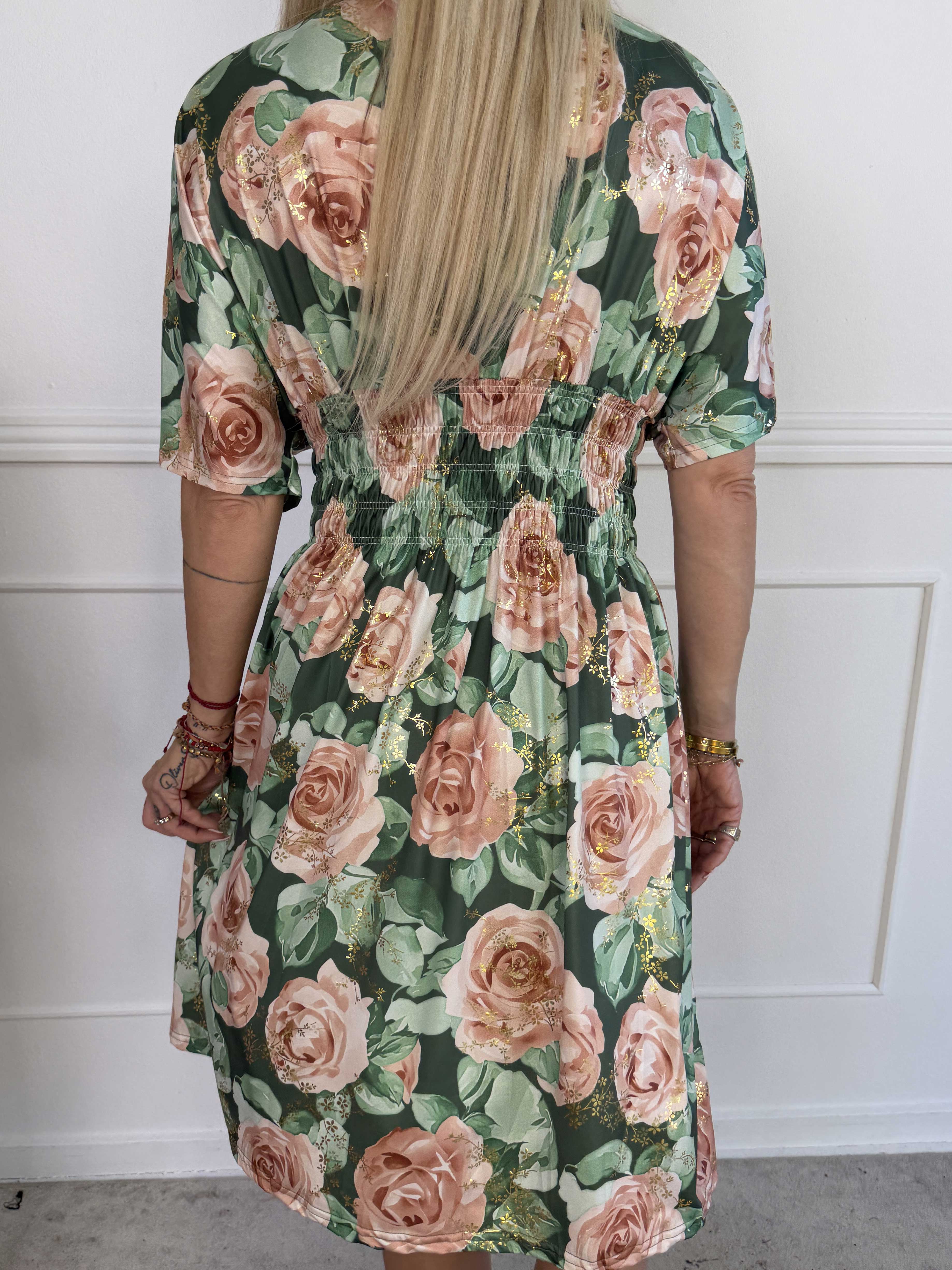 Pams Rose Short - Elastisk kjole med blomstermotiver og guld blade